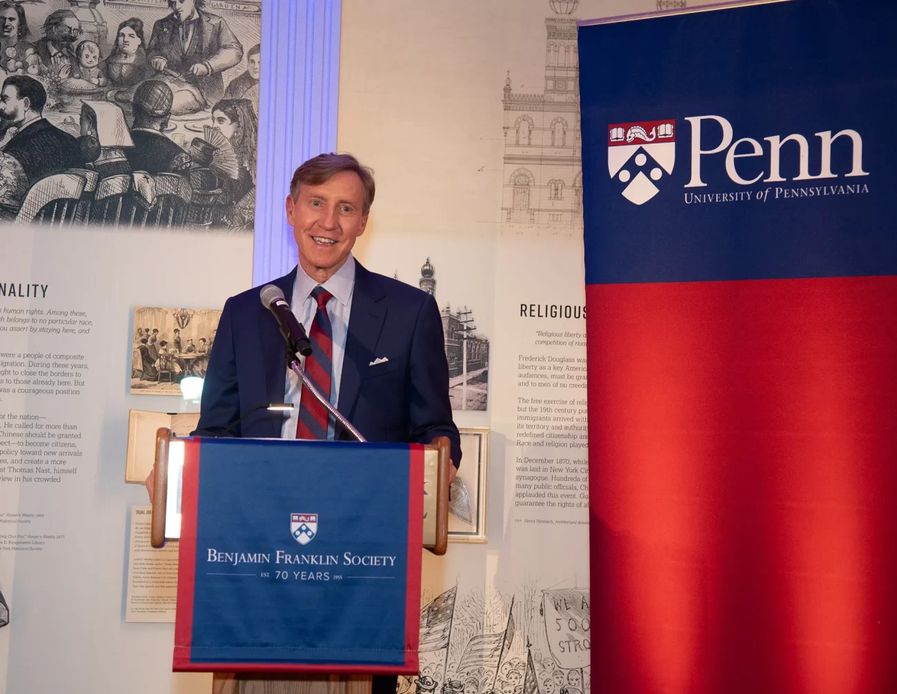 J. Larry Jameson, MD, PhD, delivers a speech at the Benjamin Franklin Society Spring Reception, emphasizing the impact of leadership annual giving at Penn.