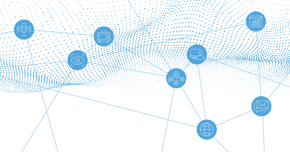 A graphic of interconnected blue icons, including a microphone, TV, eye, computer, email, globe, and data chart, on a dotted wave background.