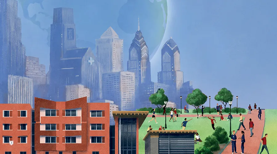 Illustrated view of Penn’s campus with students walking and the Philadelphia skyline in the background.