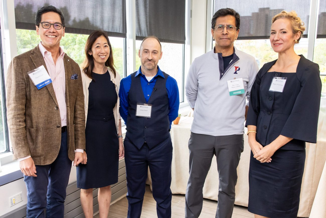 Haniel J. Lynn ENG'91, WG'95, PAR'23, and his wife, Anita Hsueh Lynn, ENG'91, PAR'23, with Elköf, Raghavendran, and Weinsteiger. The Lynn family endowed the book prize in support of addressing the critical issue of climate change.