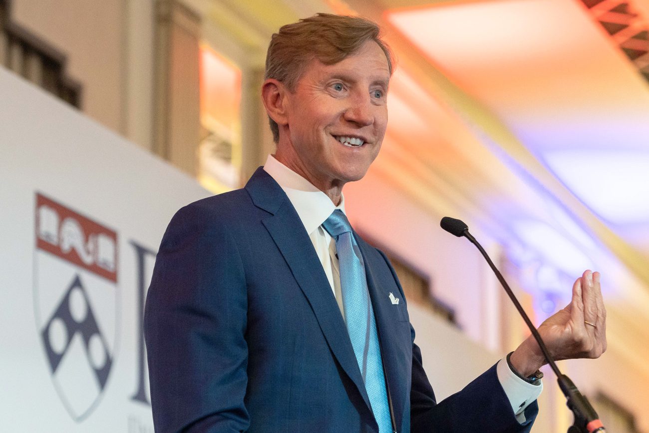 Interim Penn President J. Larry Jameson addresses the audience at Penn's academic symposium in London on Friday, June 21, 2024