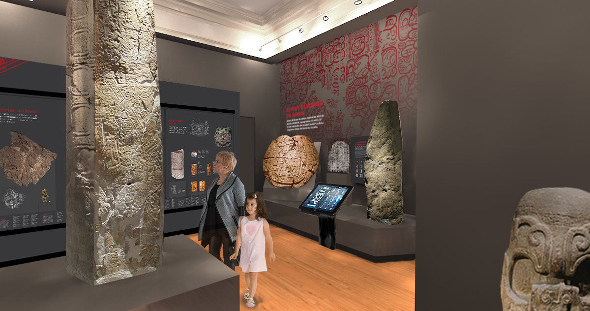 grandmother and granddaughter view modern interpretation and touch-screen technology mingles with ancient artifacts.