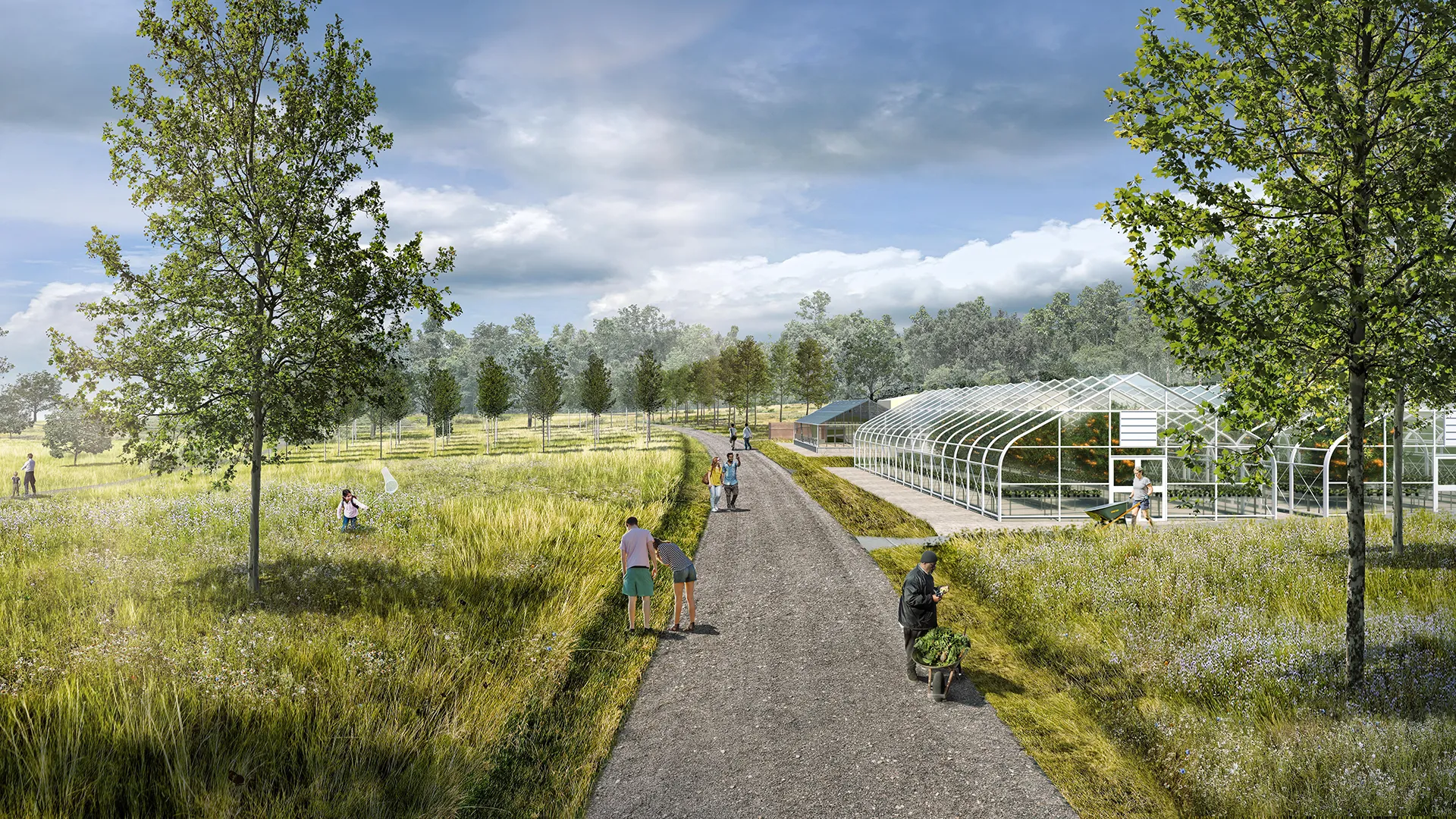 A rendering of a scenic outdoor setting with a gravel pathway running through a green landscape featuring trees, wildflowers, and a modern greenhouse.