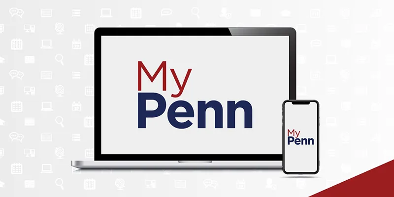 A computer monitor and smartphone displaying a logo for the MyPenn portal.