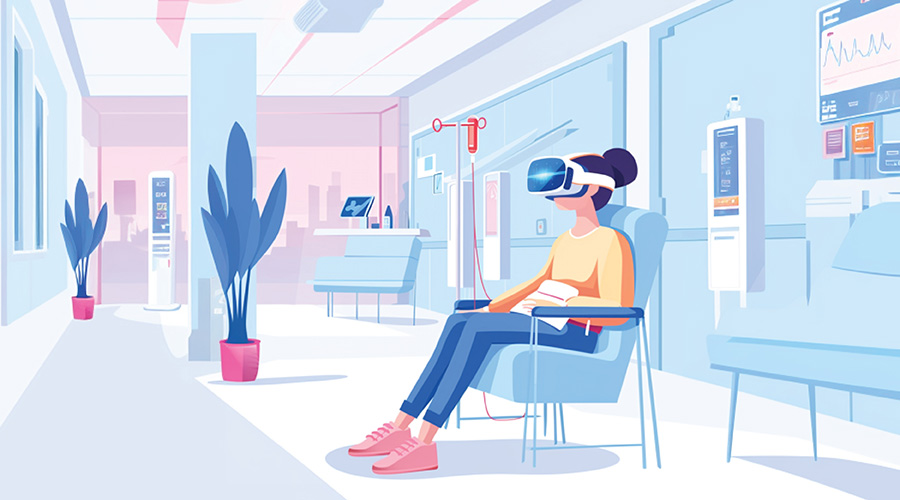 An illustration of a medical scene showing a patient in a hospital room, wearing a VR headset while seated in a medical chair. The room is equipped with advanced digital monitors and medical equipment, decorated with plants, emphasizing a clean, technologically advanced therapeutic environment.