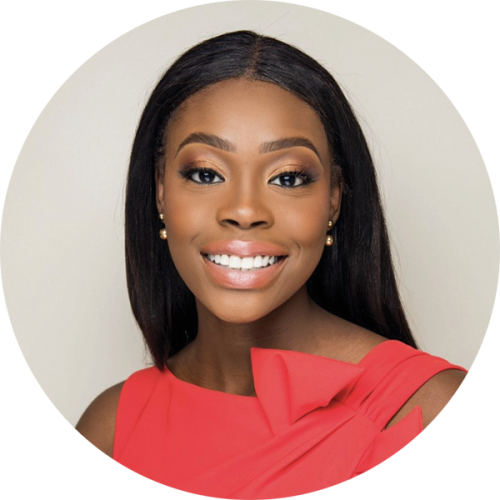 Portrait of a young woman smiling confidently, dressed in an elegant red dress with a shoulder ruffle detail. Her makeup is professional, and she wears simple earrings. The background is a soft neutral tone, emphasizing her vibrant and stylish appearance.