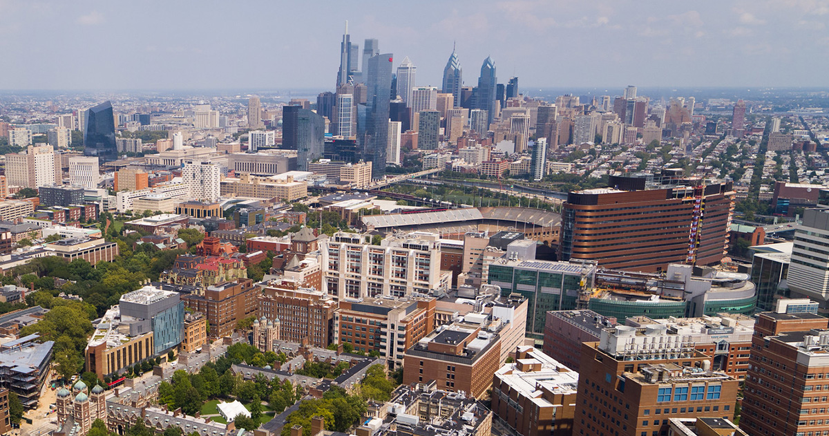 Looking across Penn's campus at the Philadelphia skyline