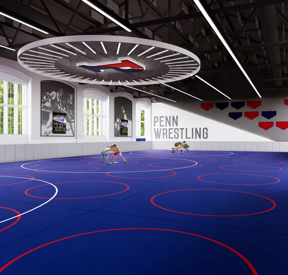 A rendering by EwingCole Architects of the concept for the new Pottruck-Reina Wrestling Center, depicting two pairs of wrestlers sparring in a large facility.