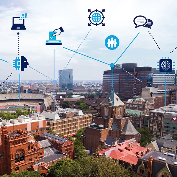The University of Pennsylvania campus with a digital overlay of interconnected icons representing technology, AI, and global communication.
