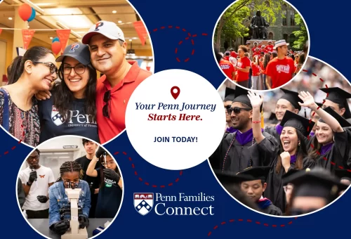 A graphic featuring images of Penn students and their families, with the words, "Your Penn journey starts here. Join today!"