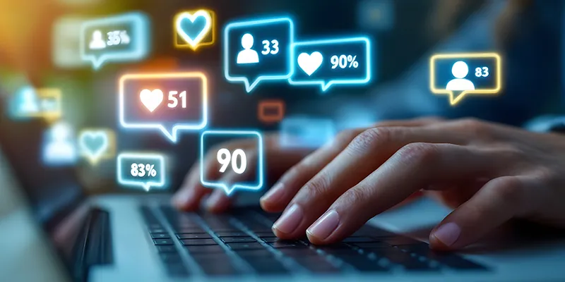 An image depicting hands on a laptop amid a flurry of social media interactions.