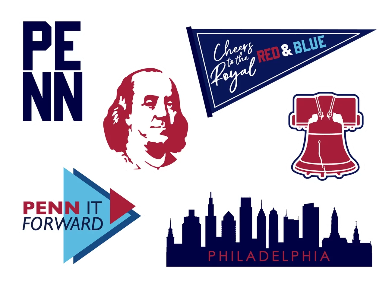 Graphic featuring Philadelphia icons, Ben Franklin, and Penn pride imagery.