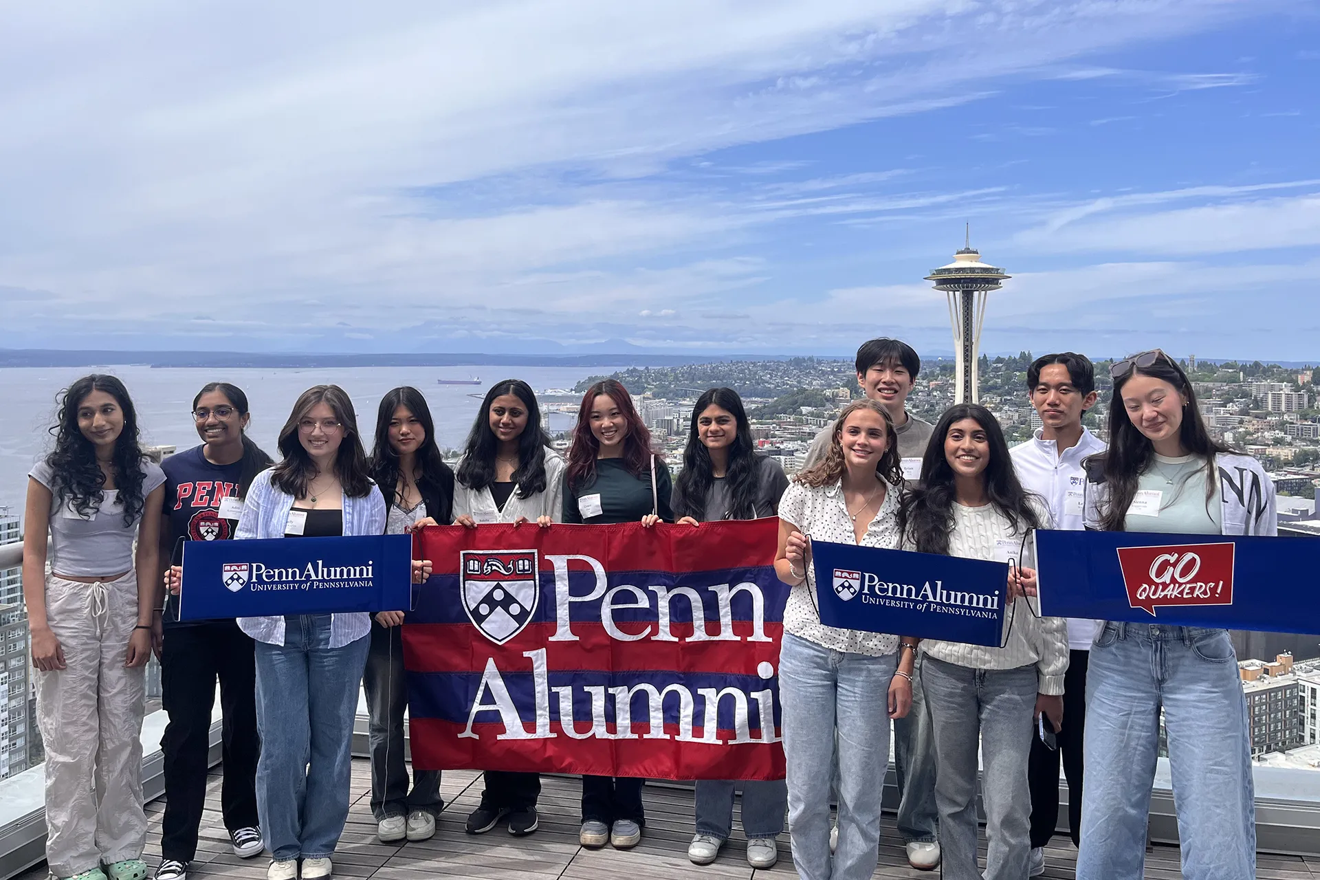 Incoming Penn students pose for a group photo together during a welcome reception in Seattle.