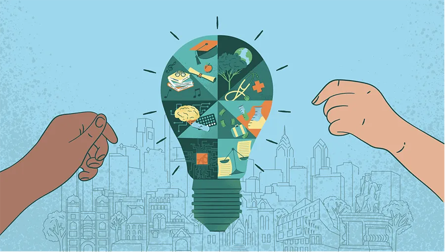 Penn research illustrated as a glowing lightbulb filled with icons, flanked by hands and a stylized campus skyline