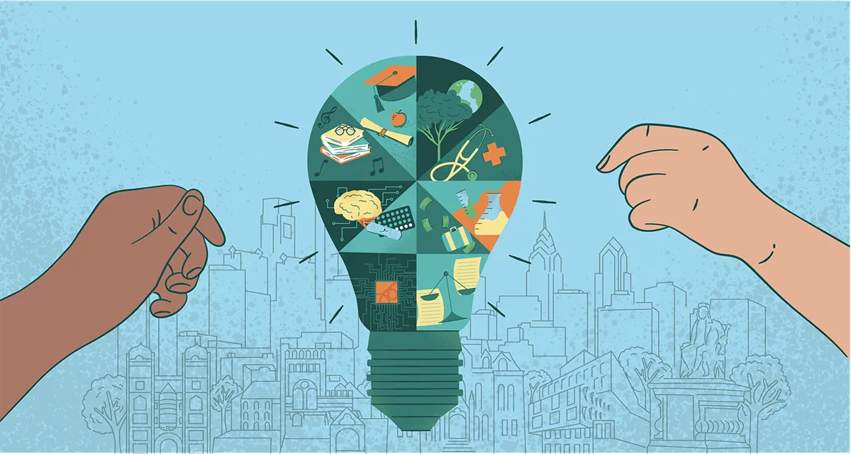 Social preview image showing Penn’s research impact through a lightbulb graphic of academic and scientific themes