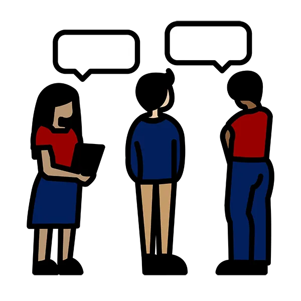 Simple graphic of three students conversing, representing the dynamic and inclusive student community supported by The Penn Fund.