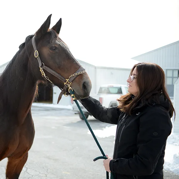 A woman holds the lead rope on a brown horse near white barns.