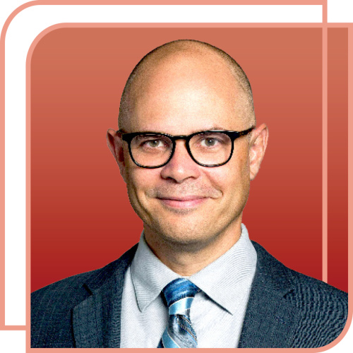 A portrait of Timothy Rommen set against a red background.