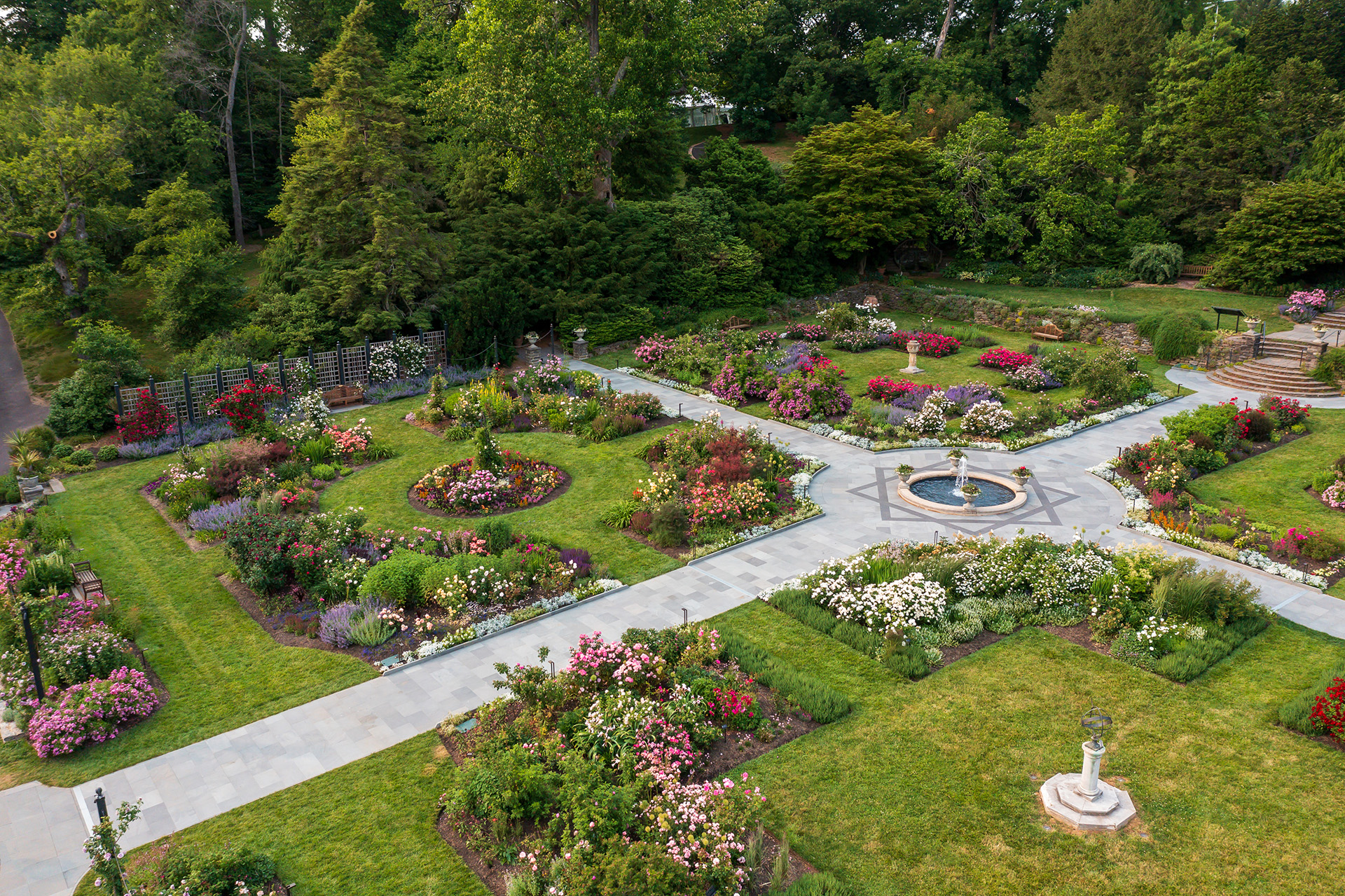 A drone shot showing a wide view of the newly renovated Rose Garden at Morris Arboretum & Gardens
