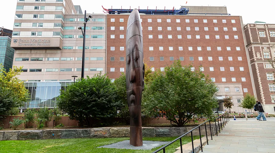 The monumental sculpture Rui Rui by Jaume Plensa installed on the University of Pennsylvania campus.