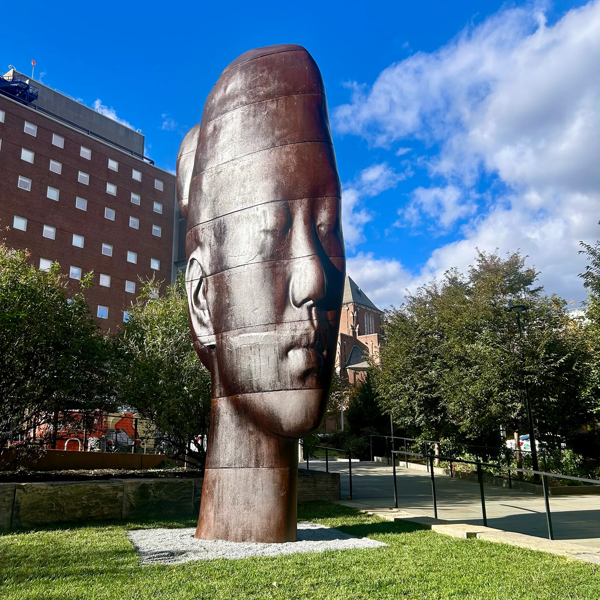 Rui Rui by Jaume Plensa installed on the University of Pennsylvania campus.