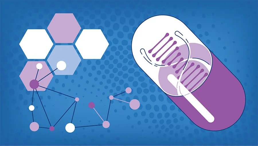 An illustration of RVCL research at Penn Medicine showing DNA and molecular hexagons.
