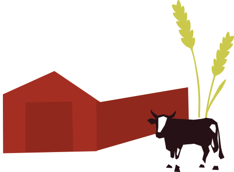 An illustration of a cow, wheat plants, and a red bard