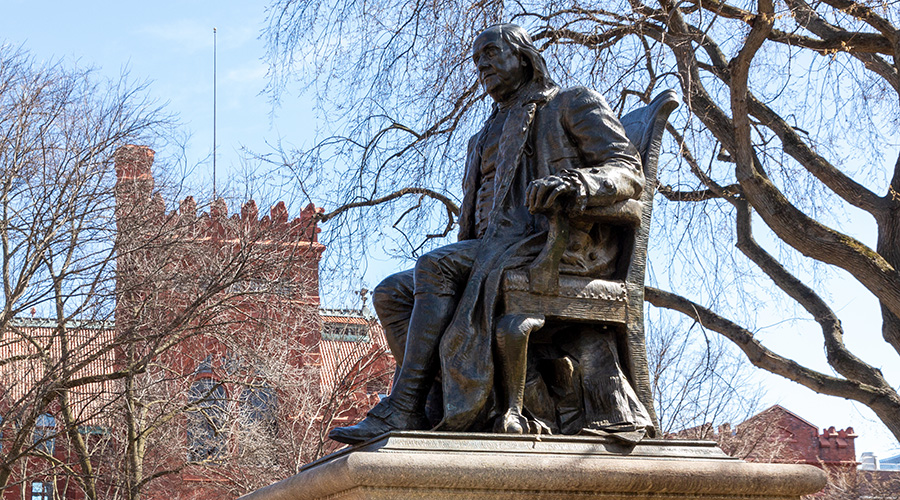 The statue of Benjamin Franklin on College Green at the University of Pennsylvania