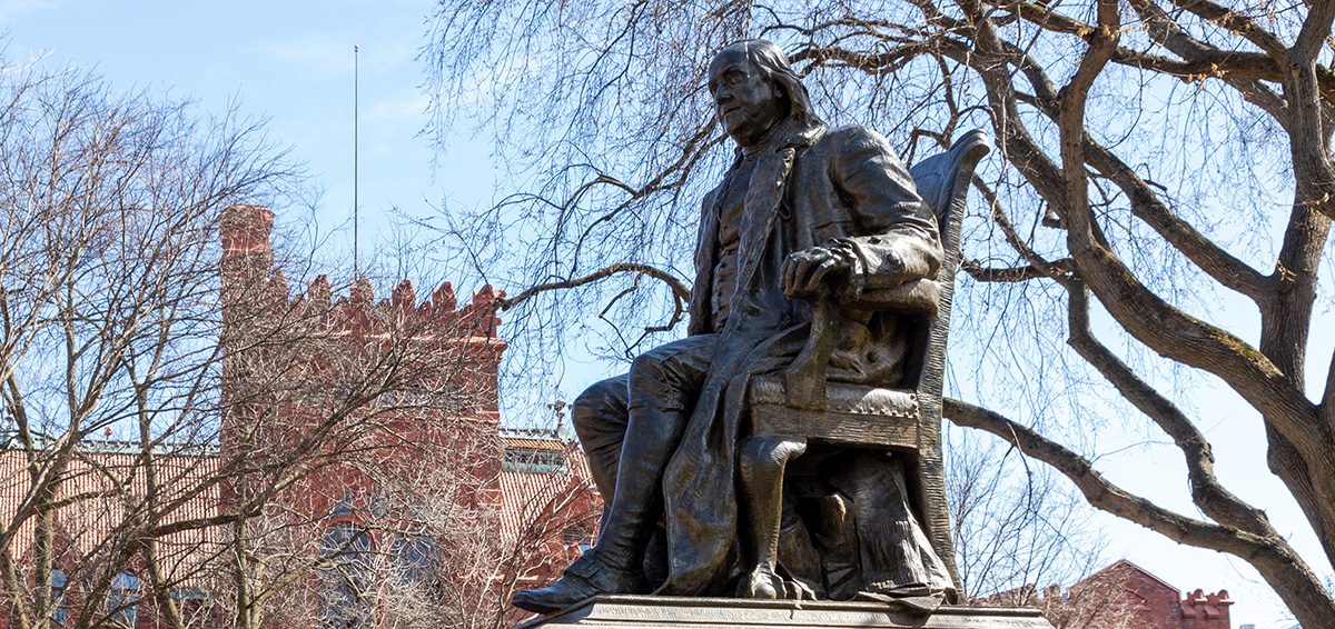 The statue of Benjamin Franklin on College Green at the University of Pennsylvania