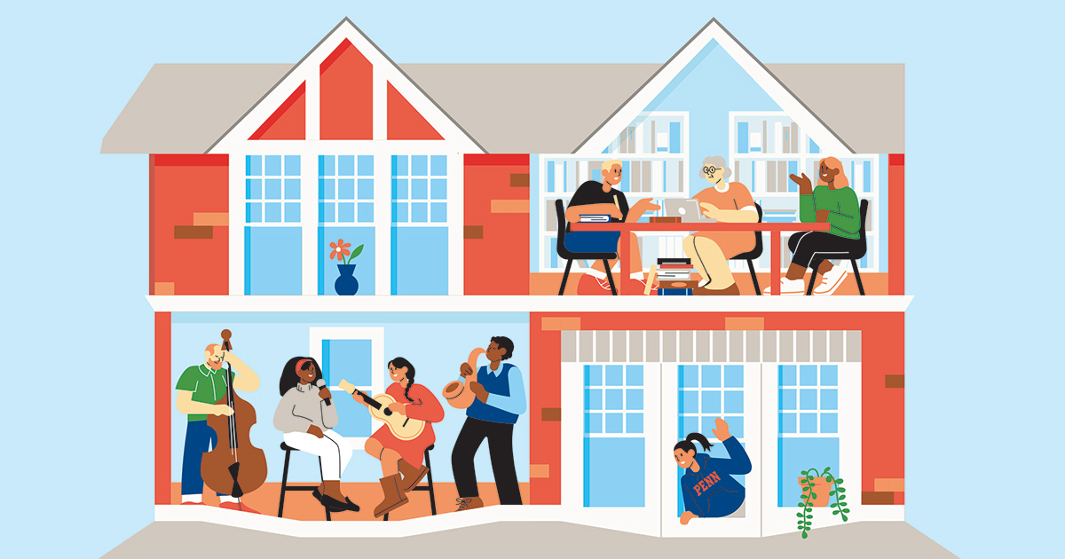 An illustration depicting various scenes in a house, including three happily conversing with each other, four others playing music together, and a Penn student waving from a window