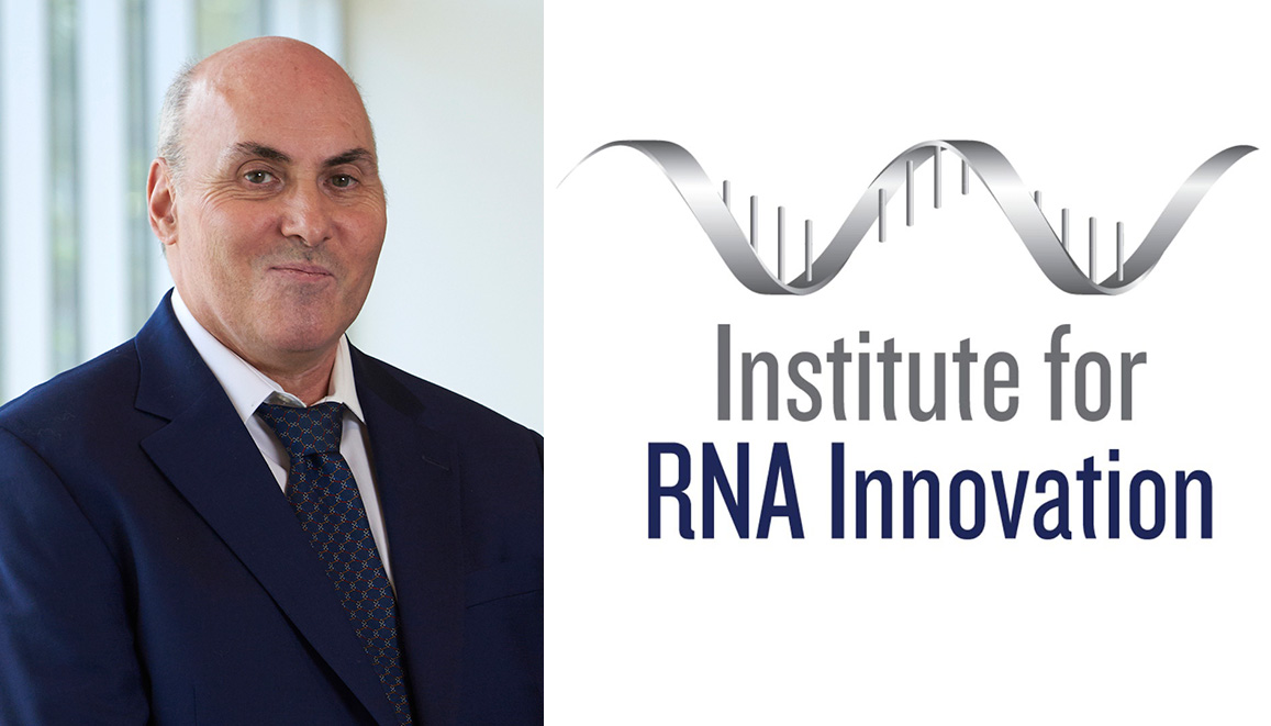 A composite image depicting Drew Weissman, the inaugural Roberts Family Professor in Vaccine Research, at left, and the logo for the Institute for RNA Innovation at right.