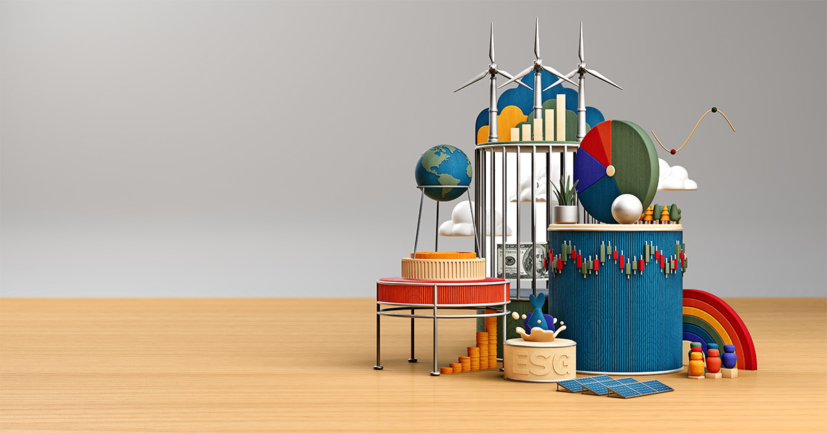 An illustration representing ESG, or the environmental, social and governance factors that are relevant for business decisions and financial calculations